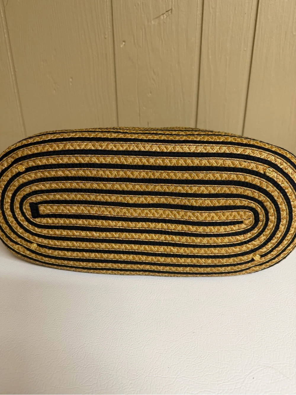 Eric Javitś Striped Natural Straw Tote Bag with Tan Trim